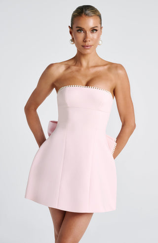 M.T Suni Mini Dress Strapless Pearl Trim Bubble Hem Blush