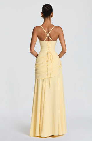 Sura Chiffon Maxi Dress Twist Cowl Neckline Lemon