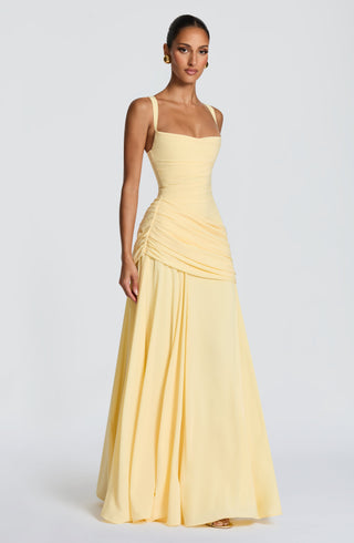Sura Chiffon Maxi Dress Twist Cowl Neckline Lemon