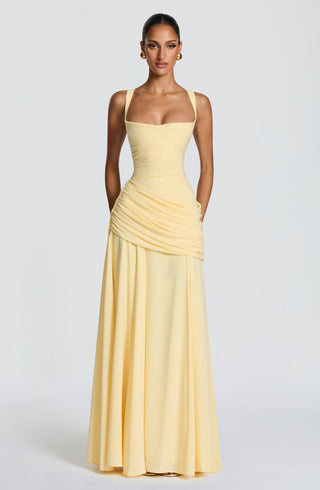 Sura Chiffon Maxi Dress Twist Cowl Neckline Lemon