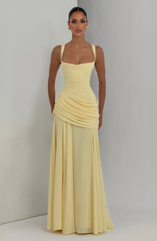 Sura Chiffon Maxi Dress Twist Cowl Neckline Lemon
