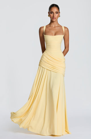Sura Chiffon Maxi Dress Twist Cowl Neckline Lemon