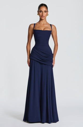 M.T Sura Maxi Dress Chiffon Twist Cowl Neck Navy