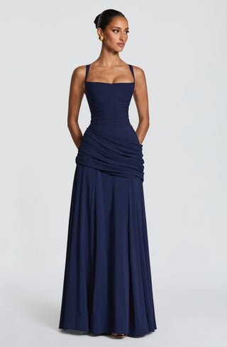 M.T Sura Maxi Dress Chiffon Twist Cowl Neck Navy