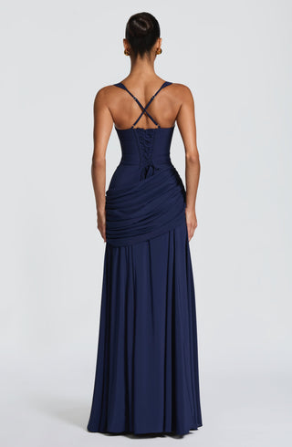 M.T Sura Maxi Dress Chiffon Twist Cowl Neck Navy