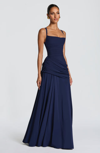 M.T Sura Maxi Dress Chiffon Twist Cowl Neck Navy