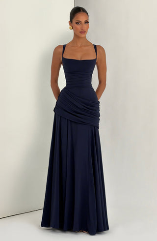 M.T Sura Maxi Dress Chiffon Twist Cowl Neck Navy