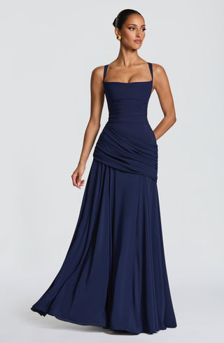 M.T Sura Maxi Dress Chiffon Twist Cowl Neck Navy