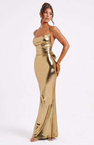 M.T Talisa Maxi Dress Metallic Cowl Neck Low Back Gold