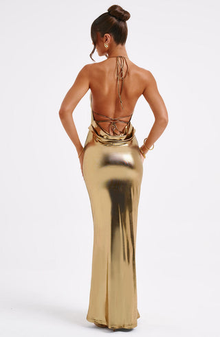 M.T Talisa Maxi Dress Metallic Cowl Neck Low Back Gold