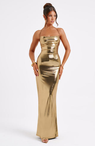 M.T Talisa Maxi Dress Metallic Cowl Neck Low Back Gold
