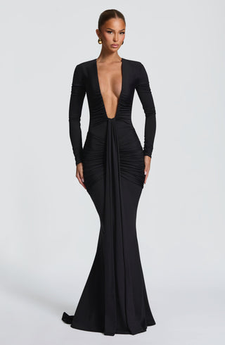 DIA Tara Maxi Dress Jersey Black Deep Plunge Long Sleeve