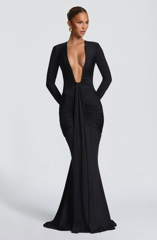 DIA Tara Maxi Dress Jersey Black Deep Plunge Long Sleeve