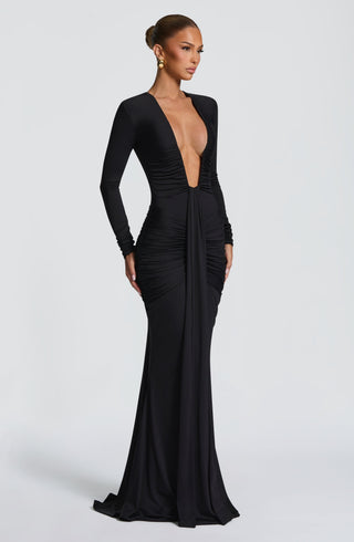 DIA Tara Maxi Dress Jersey Black Deep Plunge Long Sleeve