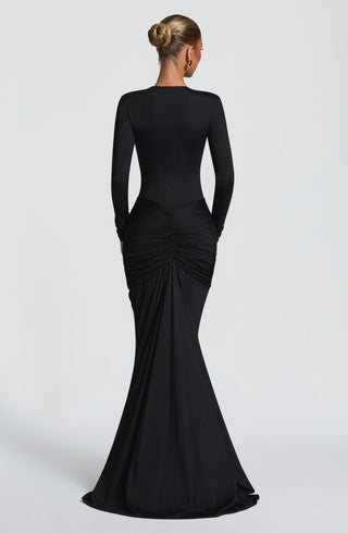 DIA Tara Maxi Dress Jersey Black Deep Plunge Long Sleeve