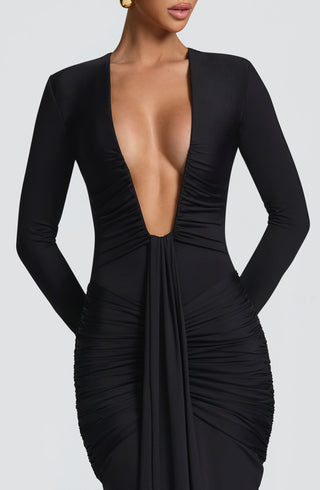 DIA Tara Maxi Dress Jersey Black Deep Plunge Long Sleeve