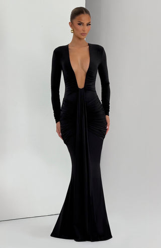 DIA Tara Maxi Dress Jersey Black Deep Plunge Long Sleeve