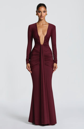 DIA Tara Maxi Dress Cherry Lacquer Mermaid Silhouette Plunge Neckline
