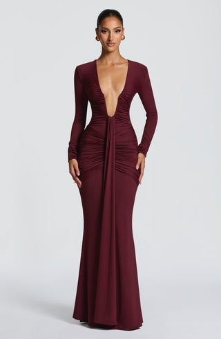 DIA Tara Maxi Dress Cherry Lacquer Mermaid Silhouette Plunge Neckline