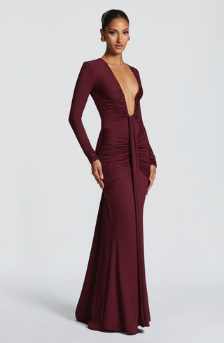 DIA Tara Maxi Dress Cherry Lacquer Mermaid Silhouette Plunge Neckline