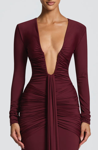 DIA Tara Maxi Dress Cherry Lacquer Mermaid Silhouette Plunge Neckline
