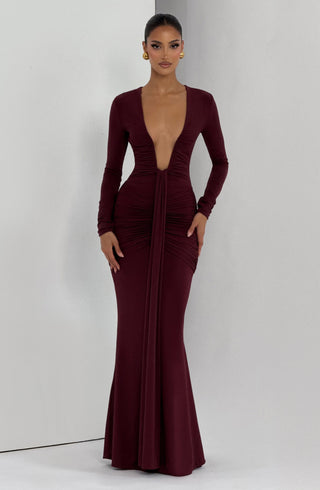 DIA Tara Maxi Dress Cherry Lacquer Mermaid Silhouette Plunge Neckline