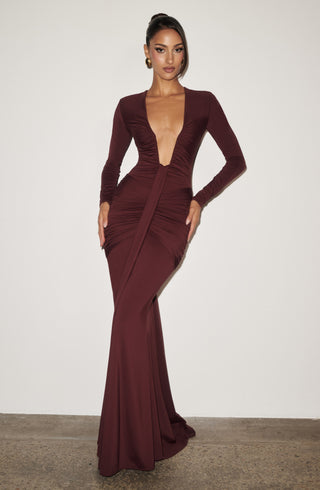 DIA Tara Maxi Dress Cherry Lacquer Mermaid Silhouette Plunge Neckline