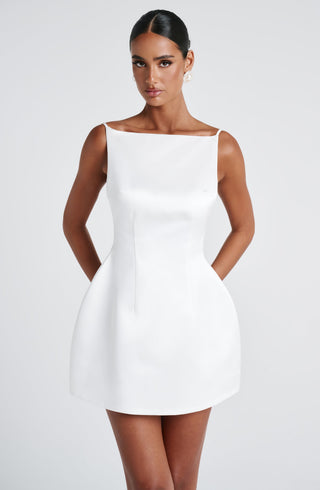 R.F Tate Mini Dress Structured Satin Bubble Hem Ivory