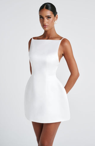R.F Tate Mini Dress Structured Satin Bubble Hem Ivory