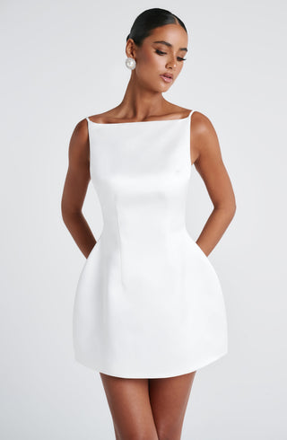 R.F Tate Mini Dress Structured Satin Bubble Hem Ivory