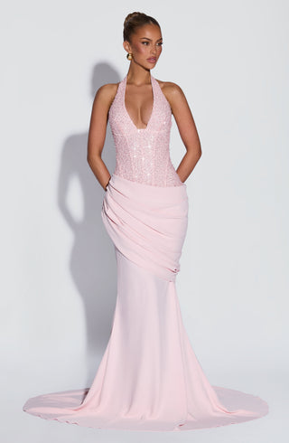 R.F Taylor Gown Embellished Mesh Bodice Mermaid Skirt Blush