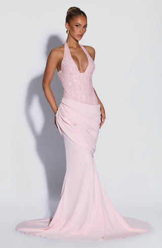 R.F Taylor Gown Embellished Mesh Bodice Mermaid Skirt Blush
