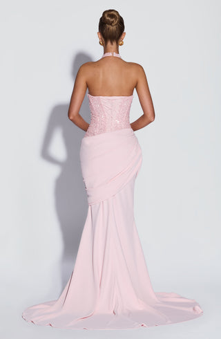 R.F Taylor Gown Embellished Mesh Bodice Mermaid Skirt Blush