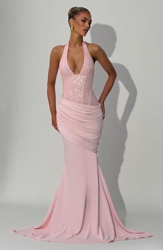 R.F Taylor Gown Embellished Mesh Bodice Mermaid Skirt Blush