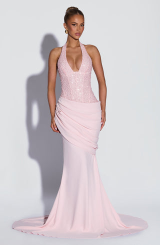 R.F Taylor Gown Embellished Mesh Bodice Mermaid Skirt Blush