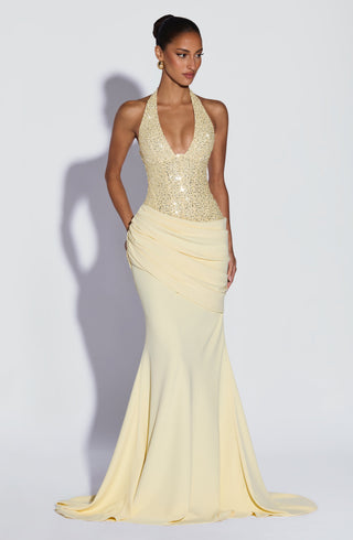 R.F Taylor Gown Embellished Mesh Bodice Mermaid Lemon