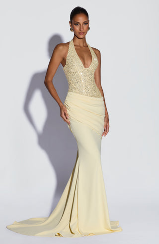R.F Taylor Gown Embellished Mesh Bodice Mermaid Lemon