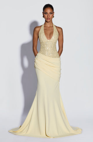 R.F Taylor Gown Embellished Mesh Bodice Mermaid Lemon