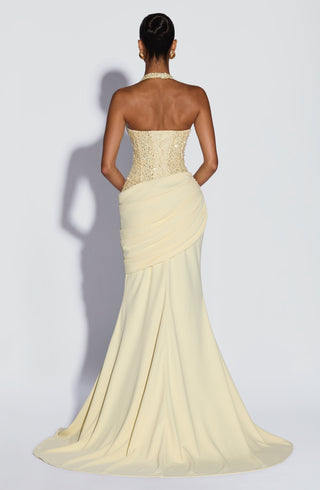 R.F Taylor Gown Embellished Mesh Bodice Mermaid Lemon
