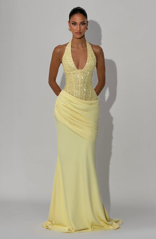 R.F Taylor Gown Embellished Mesh Bodice Mermaid Lemon