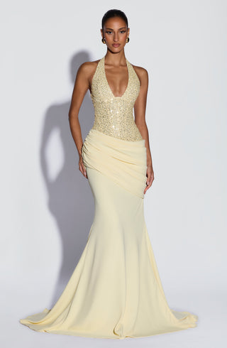 R.F Taylor Gown Embellished Mesh Bodice Mermaid Lemon