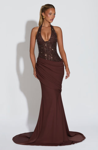 R.F Taylor Gown Semi-Sheer Embellished Halterneck Plum Brown