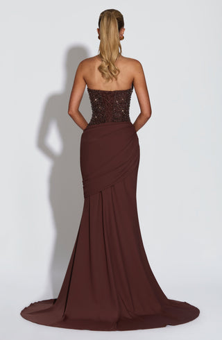 R.F Taylor Gown Semi-Sheer Embellished Halterneck Plum Brown