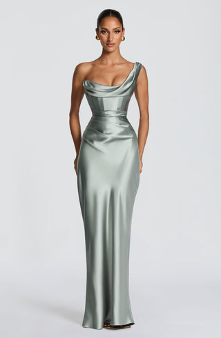 M.T Thalassa Maxi Dress Non-Stretch Satin Corset Sage