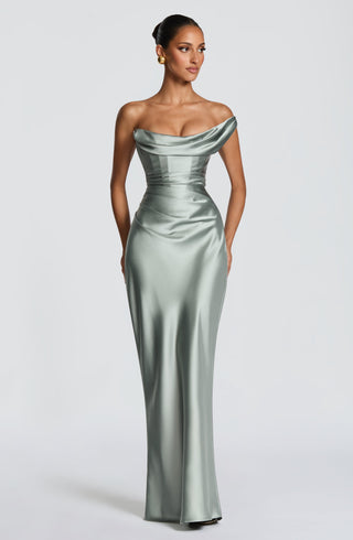 M.T Thalassa Maxi Dress Non-Stretch Satin Corset Sage