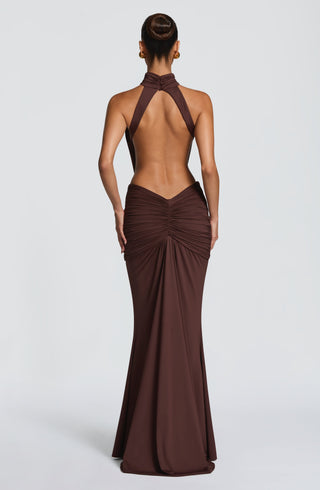 DIA Thekla Maxi Dress Mermaid Train Stretch Jersey Plum Brown