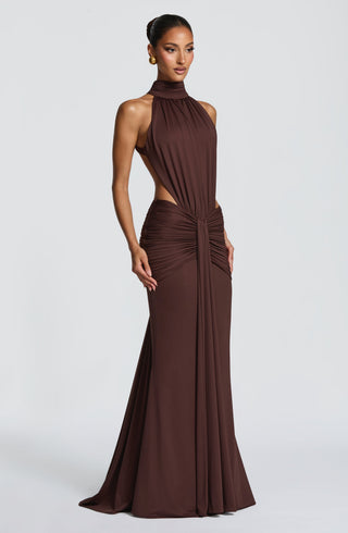 DIA Thekla Maxi Dress Mermaid Train Stretch Jersey Plum Brown