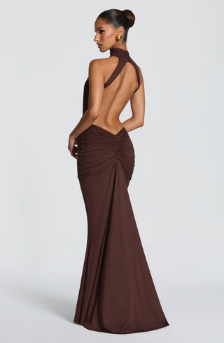 DIA Thekla Maxi Dress Mermaid Train Stretch Jersey Plum Brown