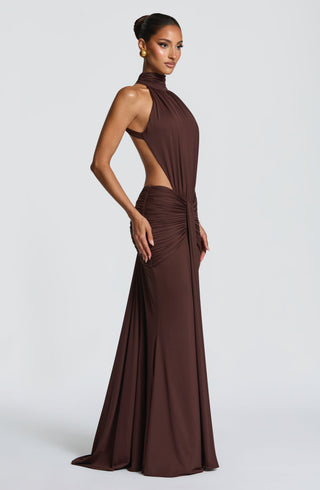 DIA Thekla Maxi Dress Mermaid Train Stretch Jersey Plum Brown