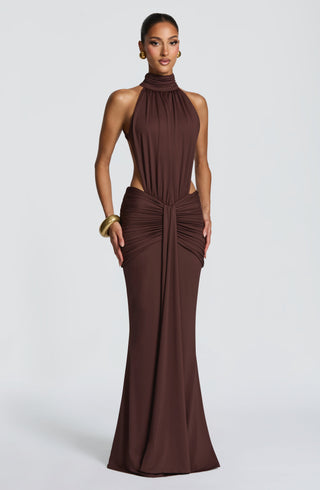 DIA Thekla Maxi Dress Mermaid Train Stretch Jersey Plum Brown